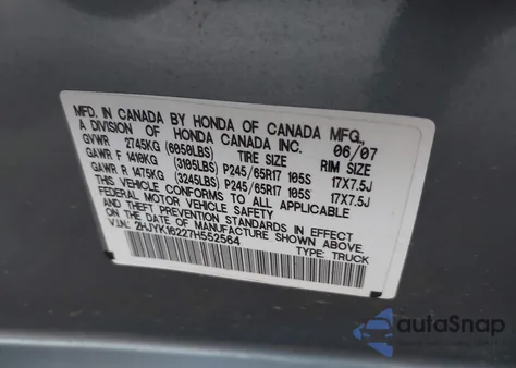 2007 Honda Ridgeline Rt from USA, damaged, VIN 2HJYK16227H552564